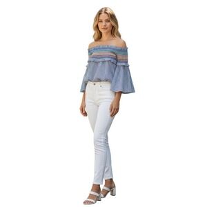 Petersyn Blue/Wht Strip 100% Cotton Smocked Off Shoulder Boho Top S Made NY $265